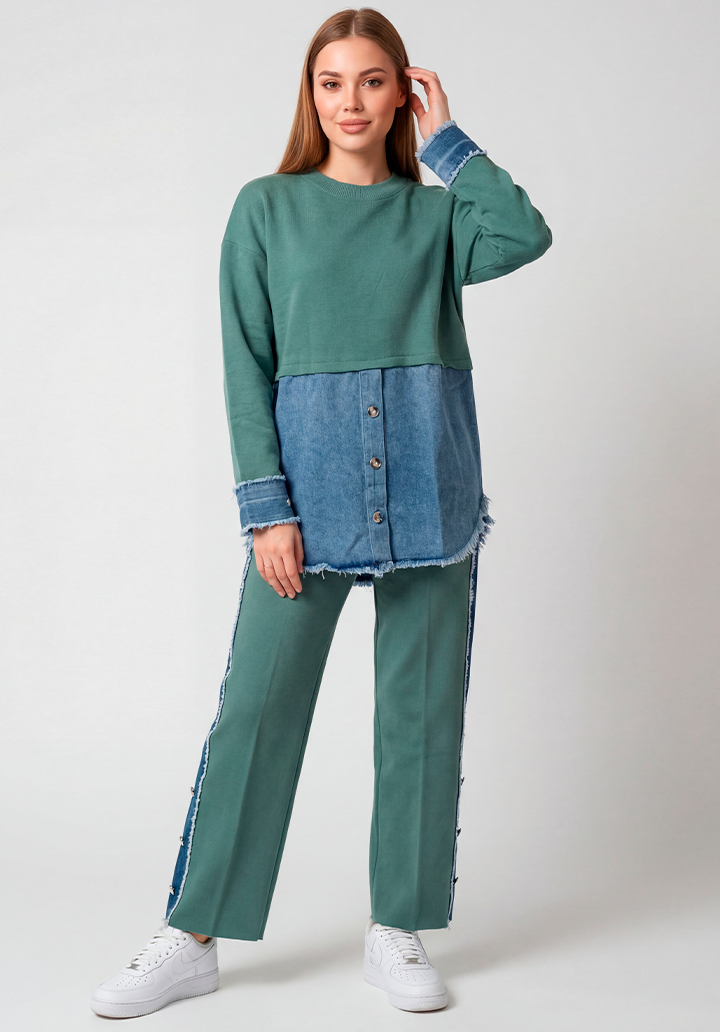 Kot Garnili Yanları Düğme Detaylı Triko Pantolon Tunik İkili Takım