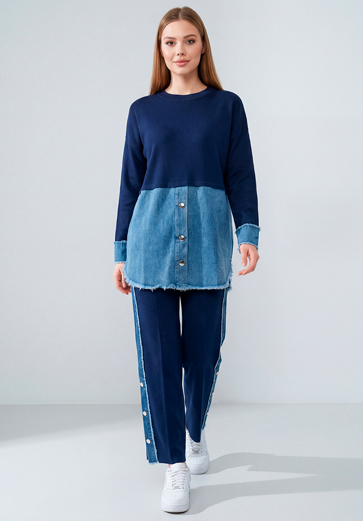 Kot Garnili Yanları Düğme Detaylı Triko Pantolon Tunik İkili Takım