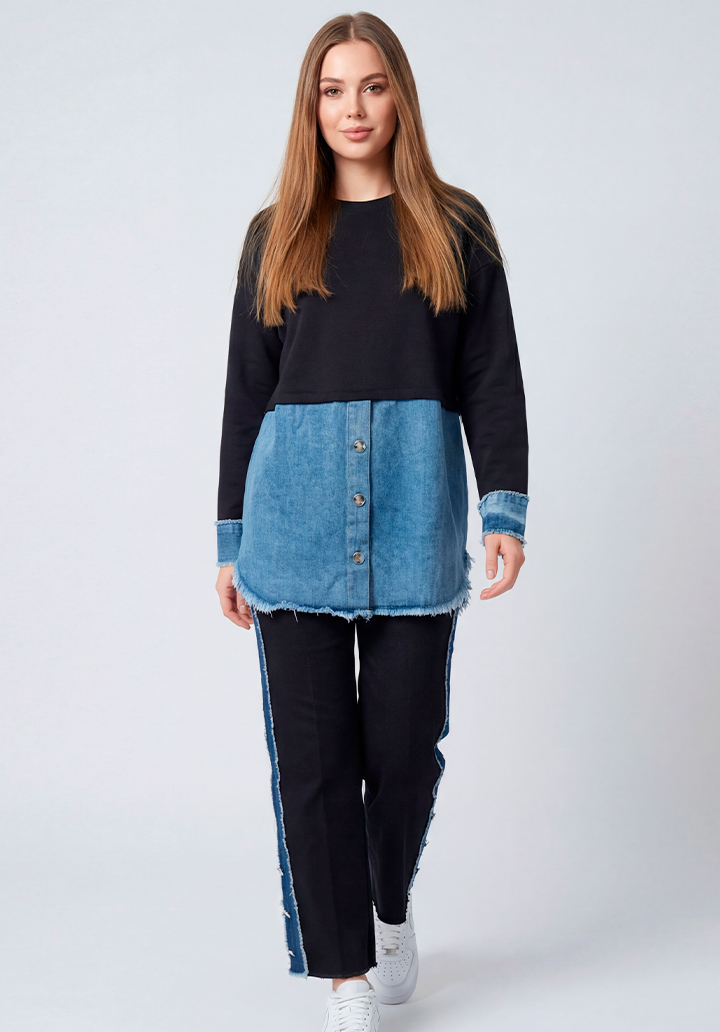 Kot Garnili Yanları Düğme Detaylı Triko Pantolon Tunik İkili Takım