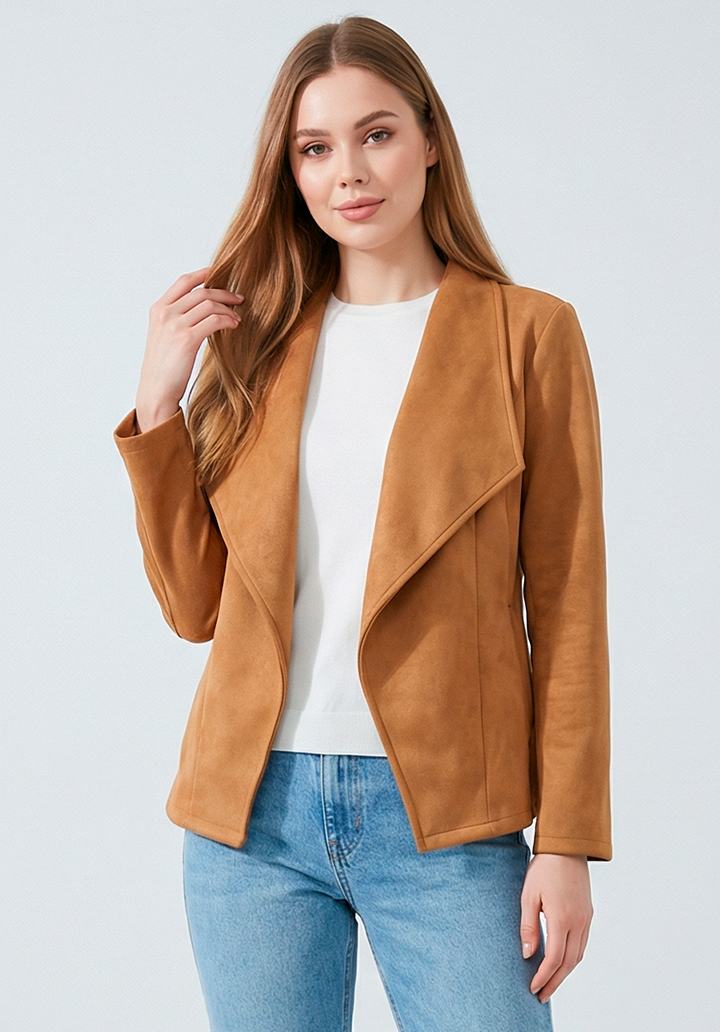 Kadın Uzun Kollu Önü Açık Yakalı Süet Ceket