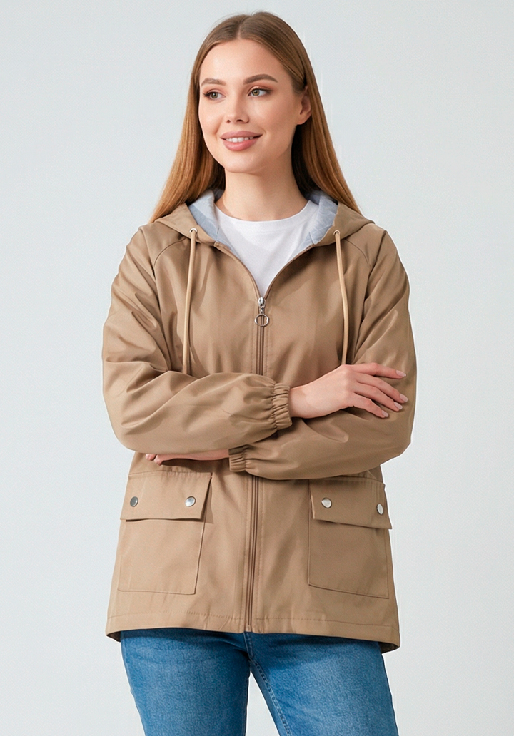 Kadın Kapüşonlu Su Geçirmez Bondit Kumaş Mevsimlik Yağmurluk ve Rüzgarlık