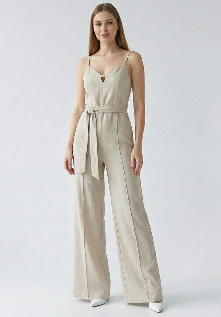 Kadın İnce Askılı V Yaka Kuşaklı Göğüs Dekolte Detaylı Geniş Paça Tulum