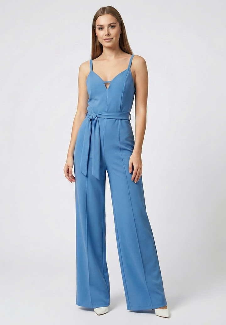 Kadın İnce Askılı V Yaka Kuşaklı Göğüs Dekolte Detaylı Geniş Paça Tulum