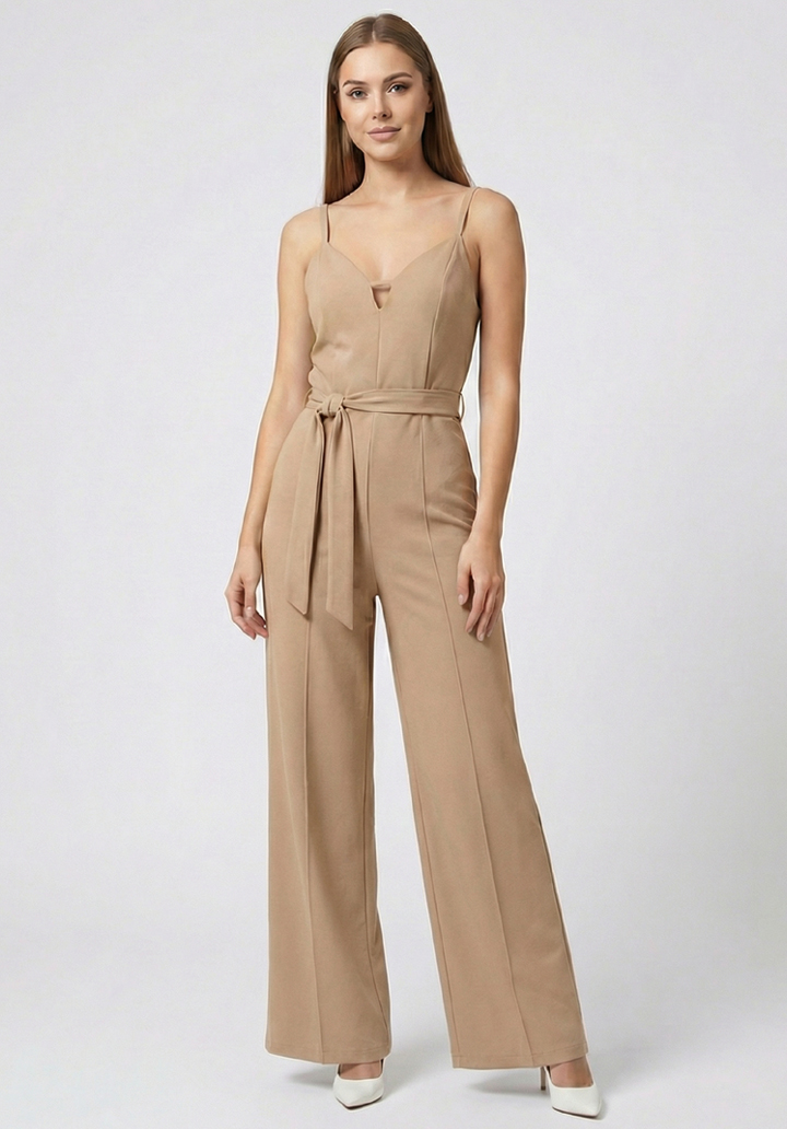 Kadın İnce Askılı V Yaka Kuşaklı Göğüs Dekolte Detaylı Geniş Paça Tulum