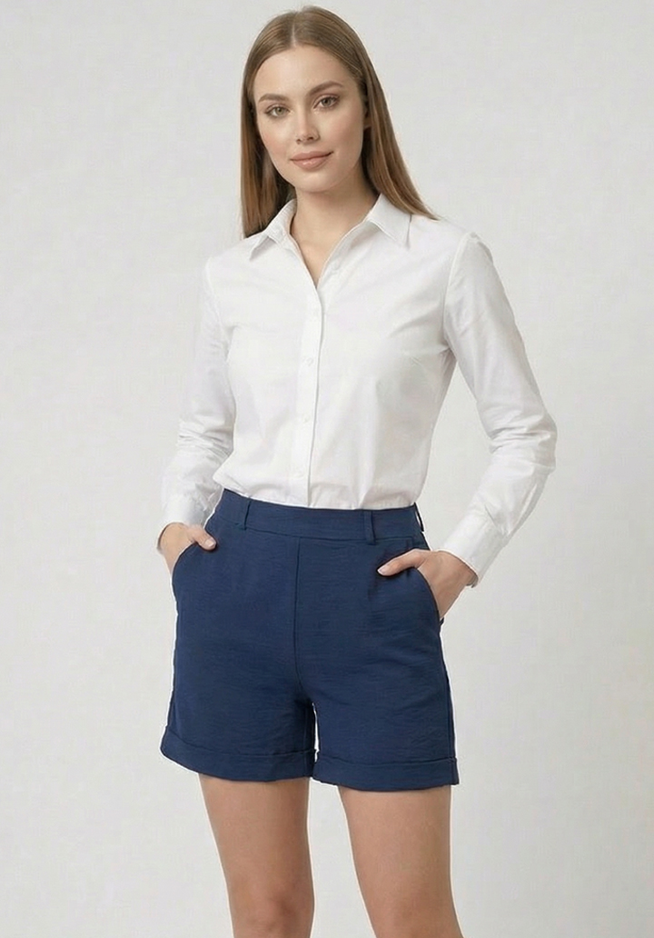 Kadın Lacivert Keten Karışımlı Yüksek Bel Duble Paça Şort