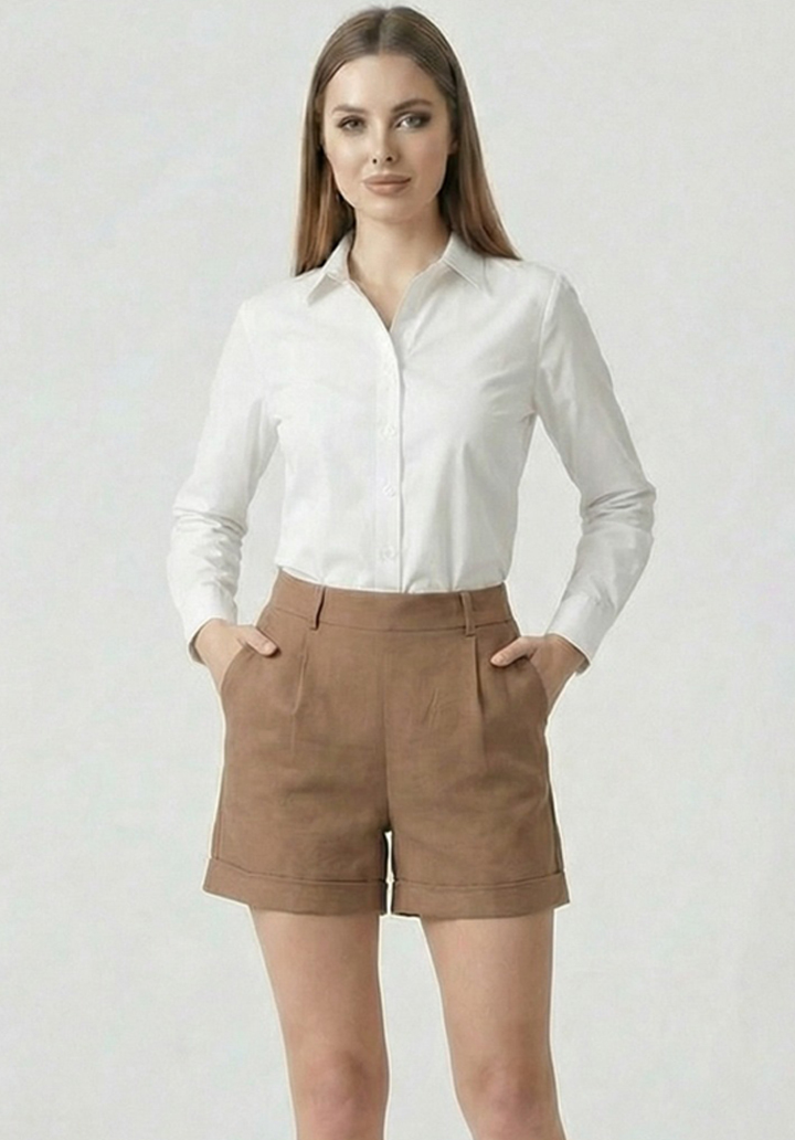 Kadın Kahverengi Keten Karışımlı Yüksek Bel Duble Paça Şort