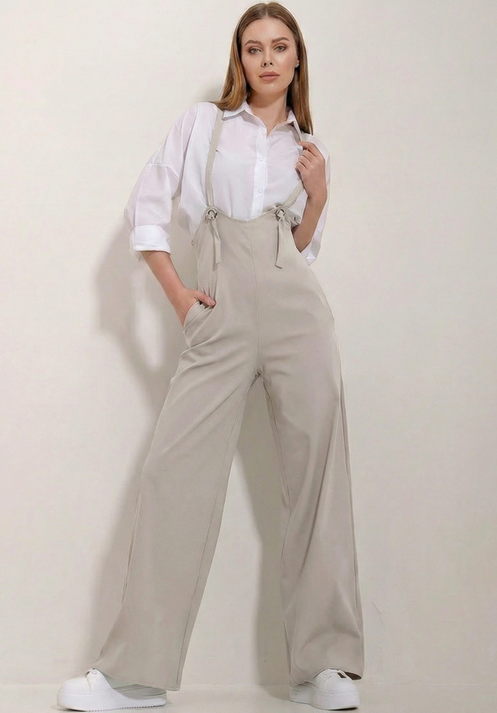 Kadın Gri Likralı Double Krep Cepli Askılı Salopet Tulum