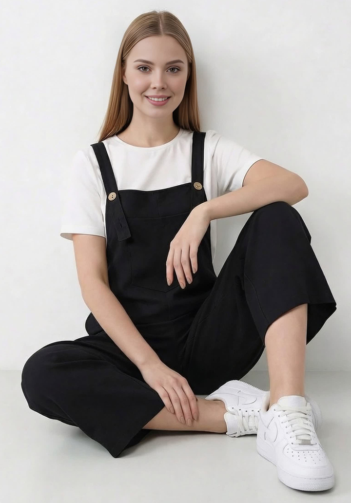 Kadın Geniş Paça Keten Görünümlü Bahçıvan Askılı Rahat Kesim Salopet Tulum