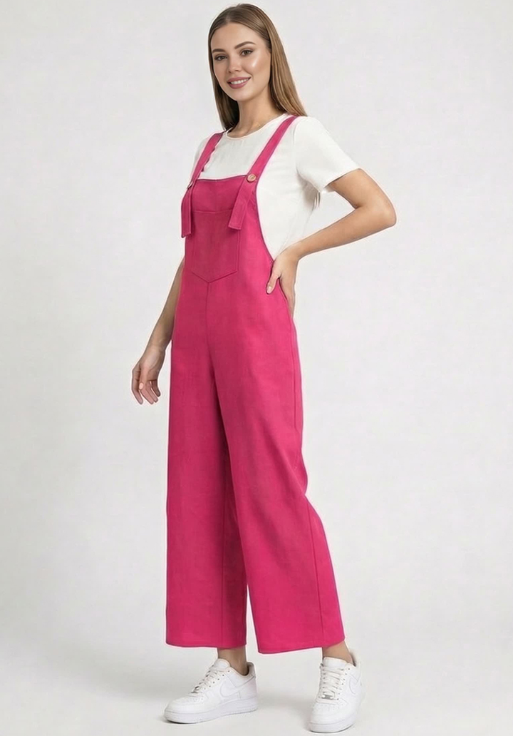 Kadın Geniş Paça Keten Görünümlü Bahçıvan Askılı Rahat Kesim Salopet Tulum