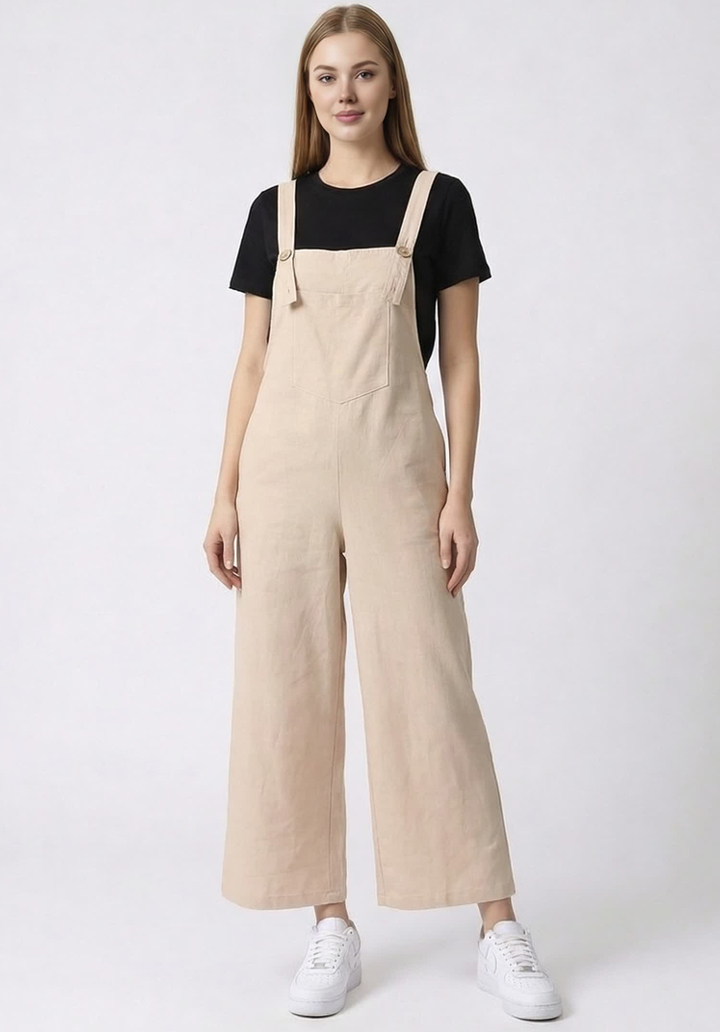 Kadın Geniş Paça Keten Görünümlü Bahçıvan Askılı Rahat Kesim Salopet Tulum