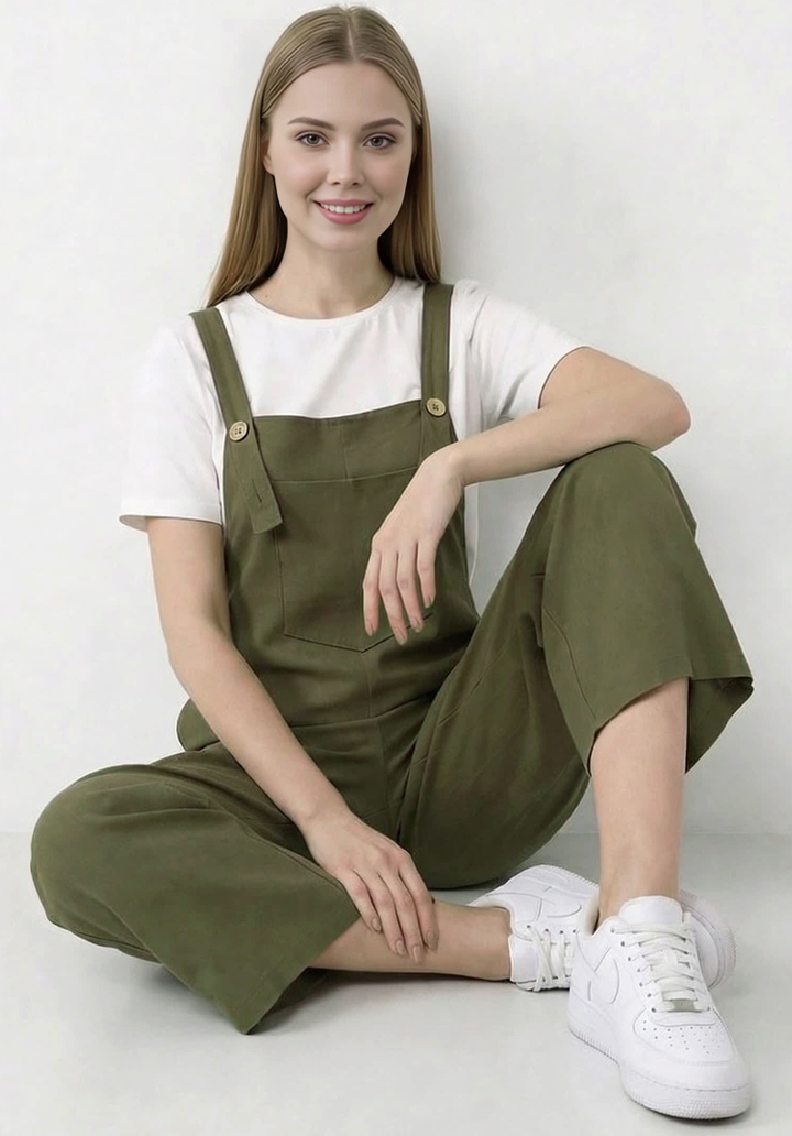 Kadın Geniş Paça Keten Görünümlü Bahçıvan Askılı Rahat Kesim Salopet Tulum