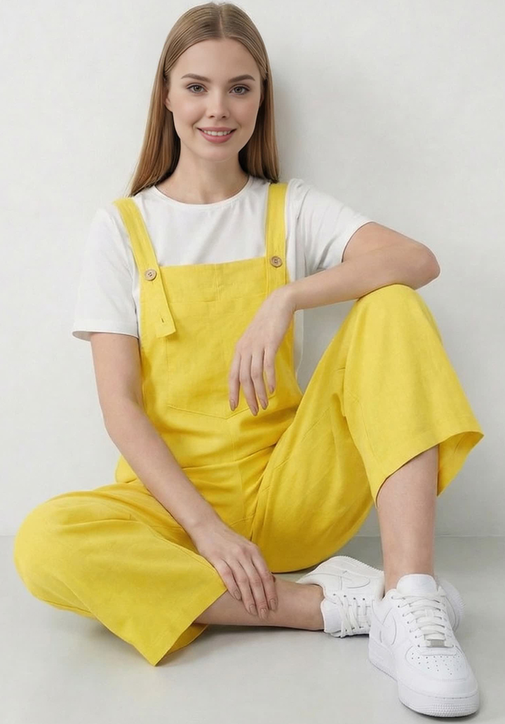 Kadın Geniş Paça Keten Görünümlü Bahçıvan Askılı Rahat Kesim Salopet Tulum