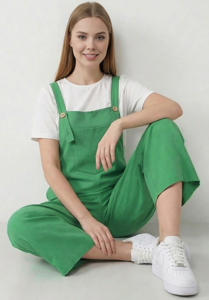 Kadın Geniş Paça Keten Görünümlü Bahçıvan Askılı Rahat Kesim Salopet Tulum