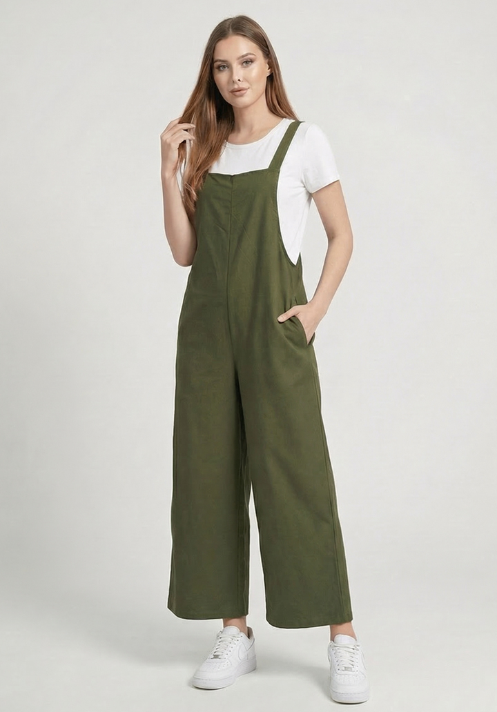 Kadın Siyah Keten Karışımlı Cepli Arkadan Bağlamalı Askılı Tulum