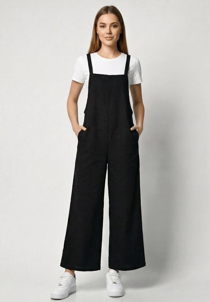 Kadın Siyah Keten Karışımlı Cepli Arkadan Bağlamalı Askılı Tulum