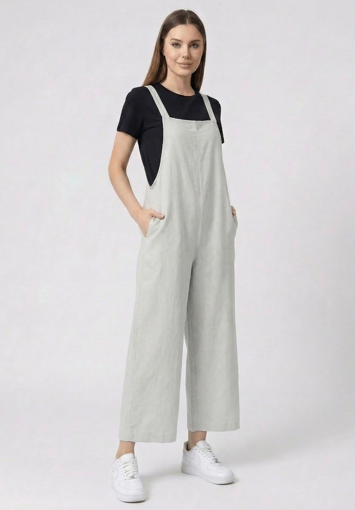 Kadın Kırık Beyaz Keten Karışımlı Cepli Arkadan Bağlamalı Askılı Tulum