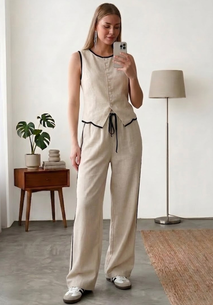 Kadın Bej Rengi Biye Detaylı Keten Yelek ve Pantolon İkili Takım