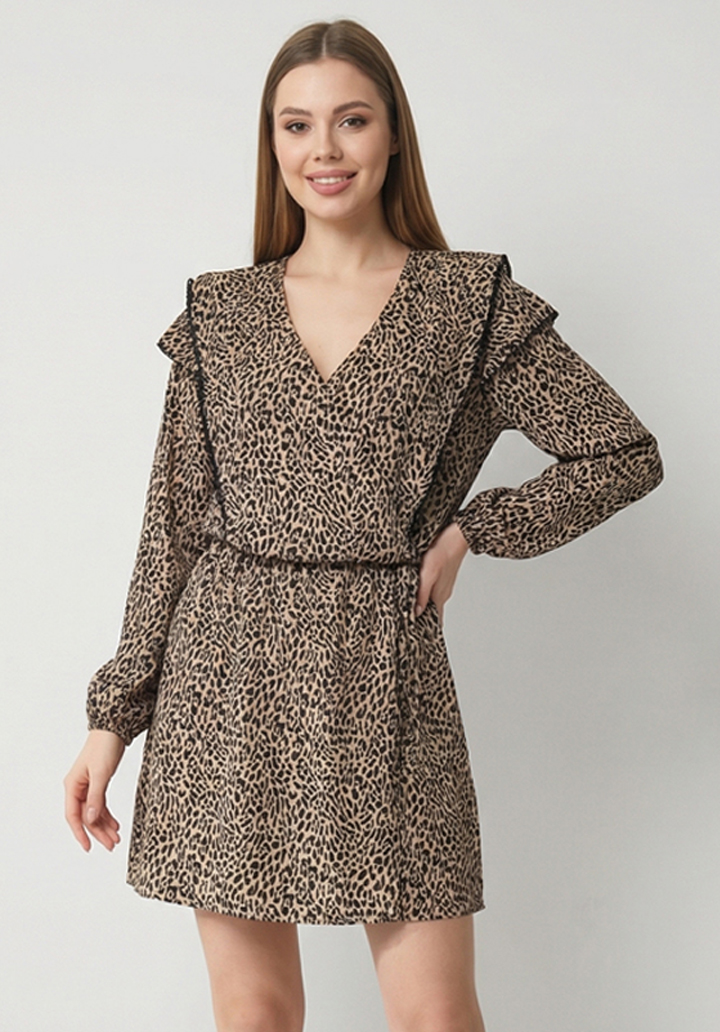 Kadın Leopar Desenli Beli Lastikli V Yaka Şık Elbise