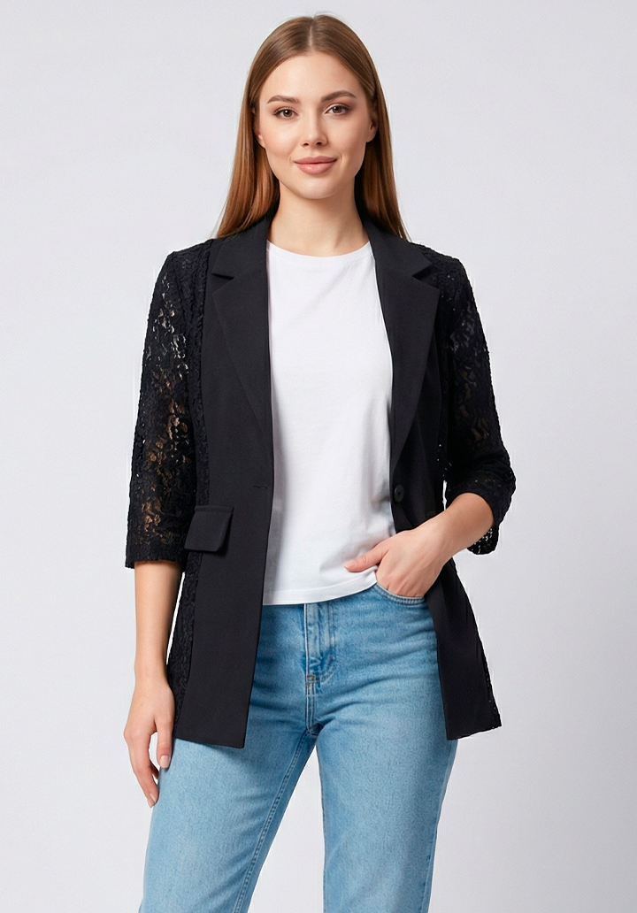 Kadın Siyah Kolu Dantelli Blazer Ceket