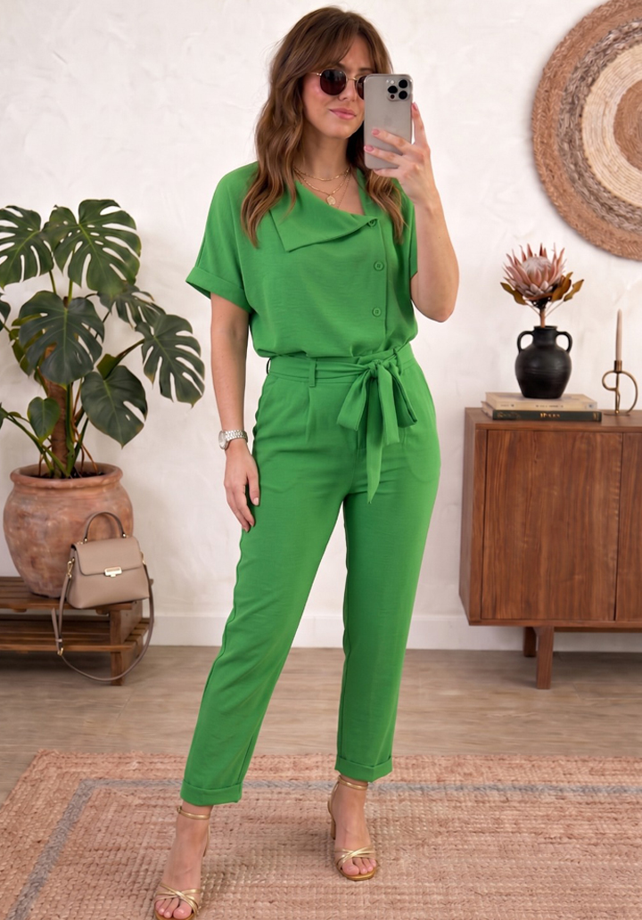 Kadın Bürümcük Kumaş Asimetrik Yaka Kısa Kollu Alt Üst Takım - Yeşil