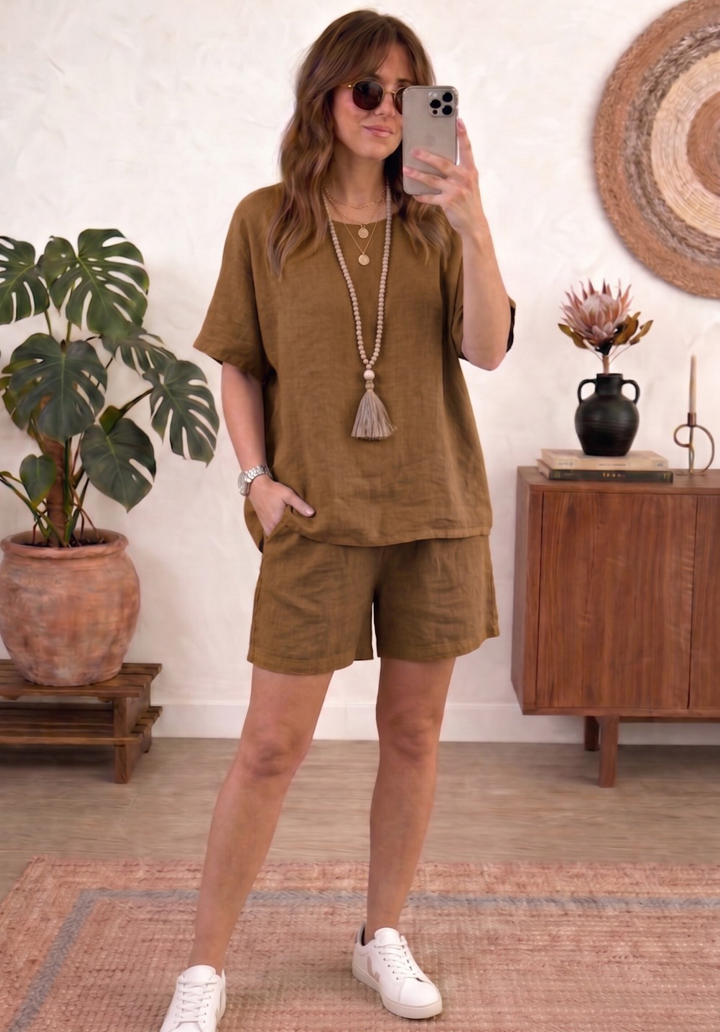 Kadın Keten Şortlu Takım Rahat Kesim Oversize Alt Üst Takım - Yağ Yeşili
