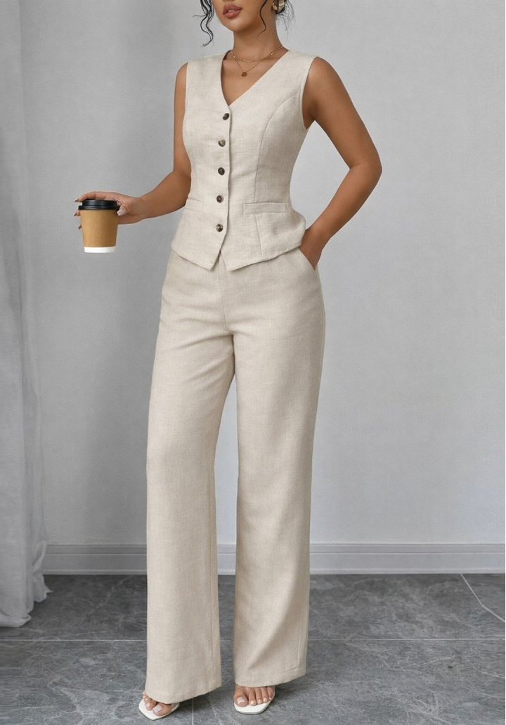 Kadın Önden Düğmeli Keten Yelek ve Pantolon İkili Takım