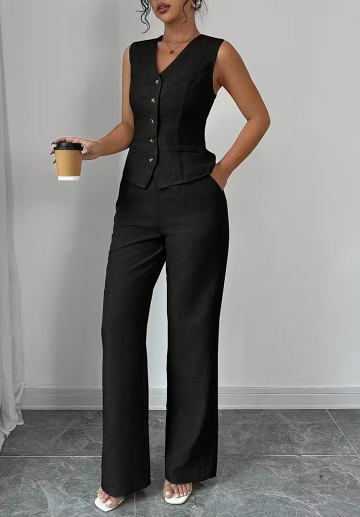 Kadın Önden Düğmeli Keten Yelek ve Pantolon İkili Takım