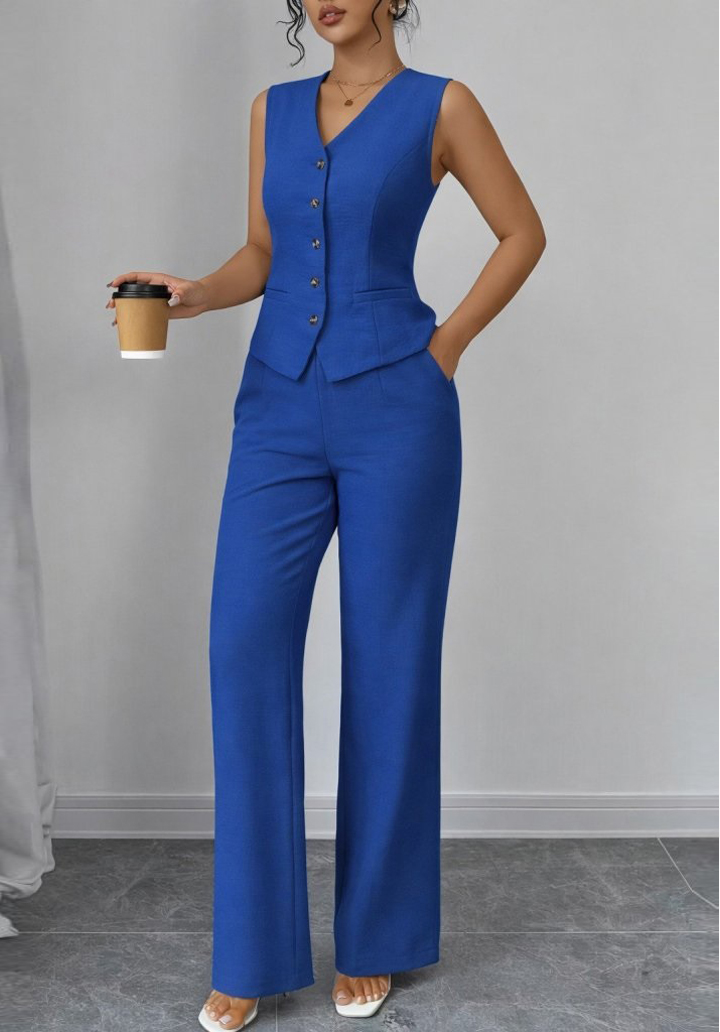 Kadın Önden Düğmeli Keten Yelek ve Pantolon İkili Takım