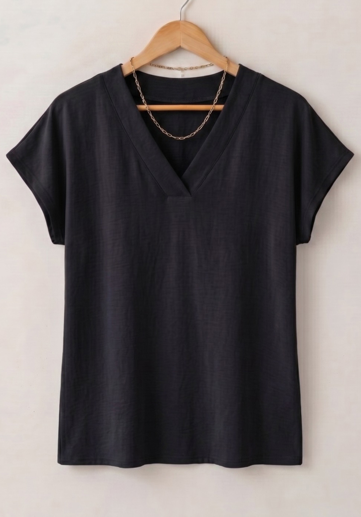 Kadın Viskon V Yaka Kısa Kollu Basic Rahat Kalıp Bluz - Siyah