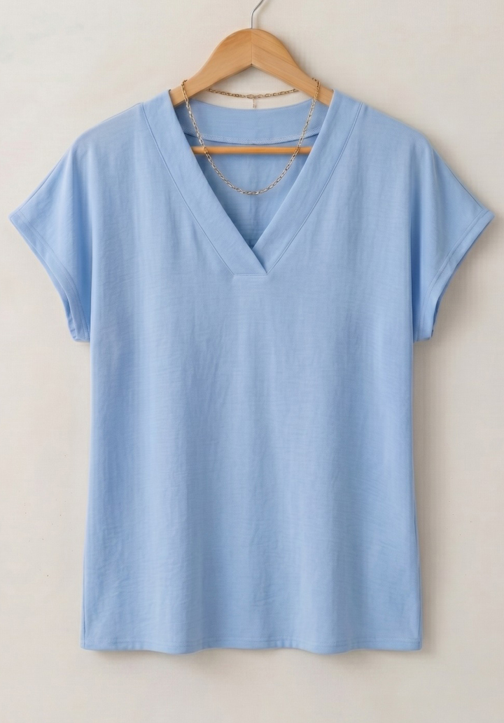 Kadın Viskon V Yaka Kısa Kollu Basic Rahat Kalıp Bluz - Bebek Mavisi