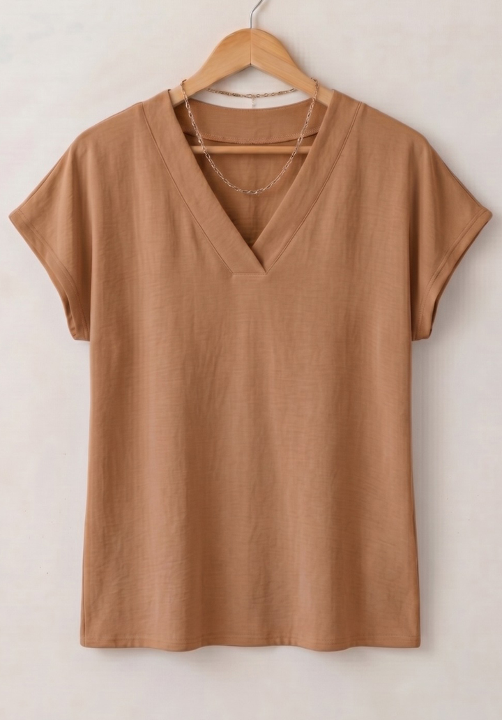 Kadın Viskon V Yaka Kısa Kollu Basic Rahat Kalıp Bluz - Camel