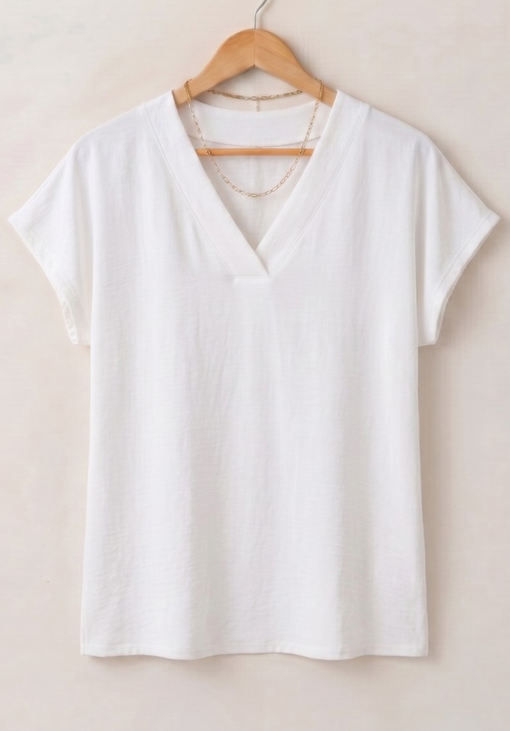 Kadın Viskon V Yaka Kısa Kollu Basic Rahat Kalıp Bluz - Beyaz