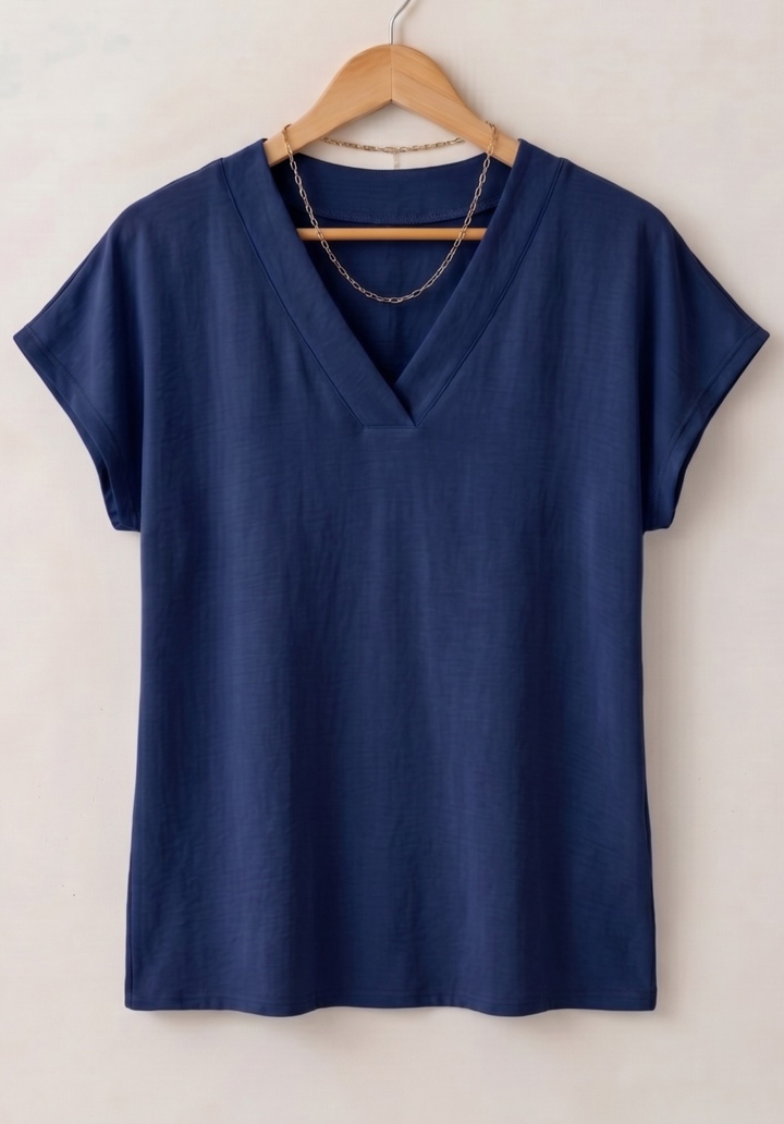 Kadın Viskon V Yaka Kısa Kollu Basic Rahat Kalıp Bluz - Lacivert