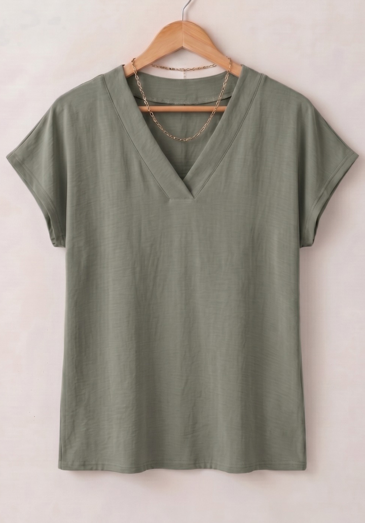 Kadın Viskon V Yaka Kısa Kollu Basic Rahat Kalıp Bluz - Haki