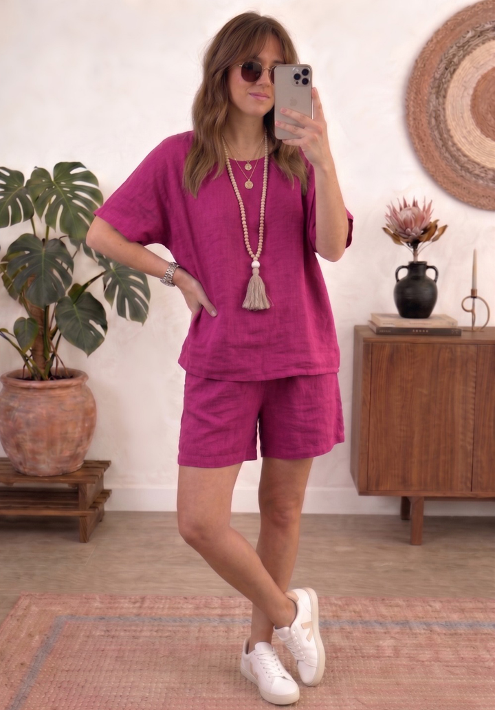 Kadın Keten Şortlu Takım Rahat Kesim Oversize Alt Üst Takım - Fuşya