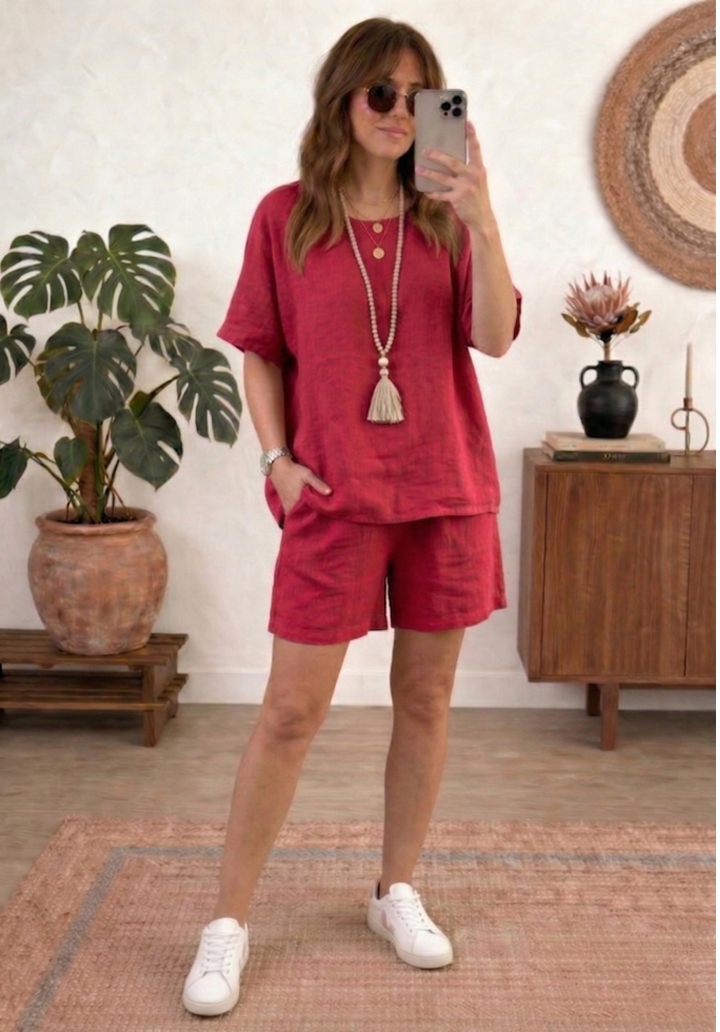 Kadın Keten Şortlu Takım Rahat Kesim Oversize Alt Üst Takım - Fuşya