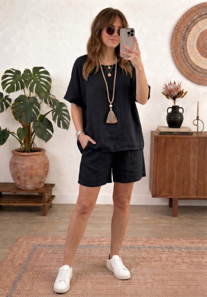 Kadın Keten Şortlu Takım Rahat Kesim Oversize Alt Üst Takım - Siyah