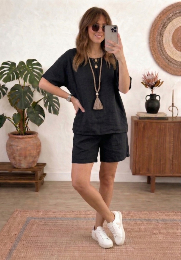 Kadın Keten Şortlu Takım Rahat Kesim Oversize Alt Üst Takım - Siyah