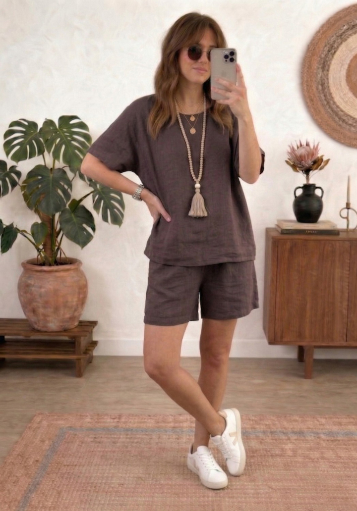 Kadın Keten Şortlu Takım Rahat Kesim Oversize Alt Üst Takım - Acı Kahve - 1