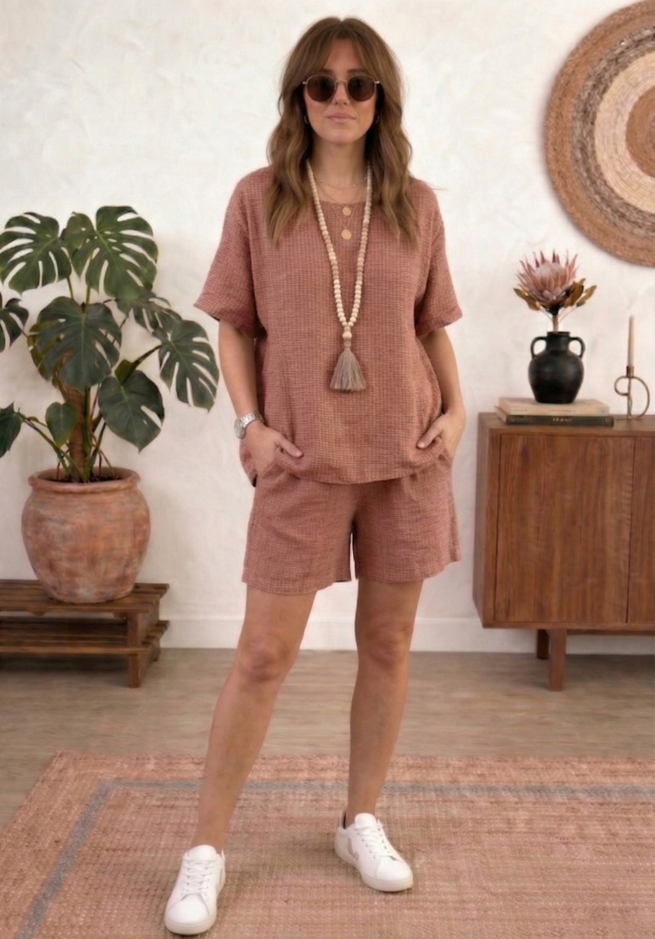 Kadın Keten Şortlu Takım Rahat Kesim Oversize Alt Üst Takım - Kiremit