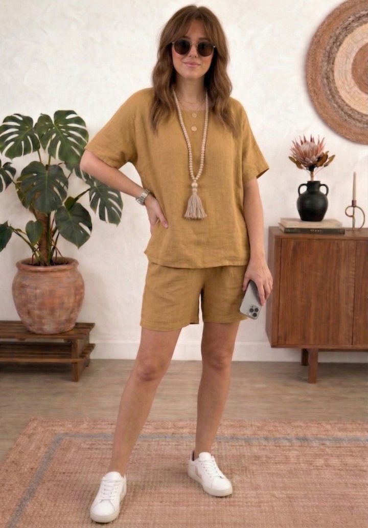 Kadın Keten Şortlu Takım Rahat Kesim Oversize Alt Üst Takım - Hardal