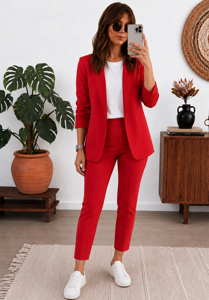 Kadın Double Kumaş Blazer Ceket ve Pantolon İkili Takım - Kırmızı