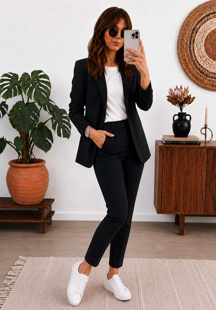 Kadın Double Kumaş Blazer Ceket ve Pantolon İkili Takım - Siyah