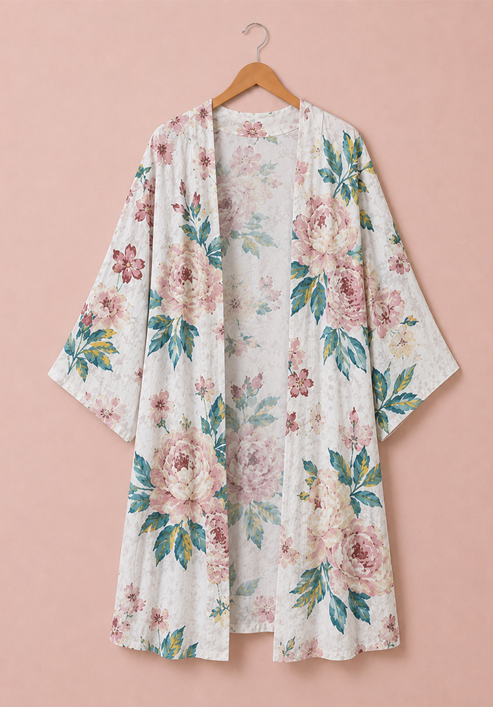 Kadın Yazlık Rahat Kesim Desenli Viskon Kumaş Kimono - Çiçek Desenli Beyaz