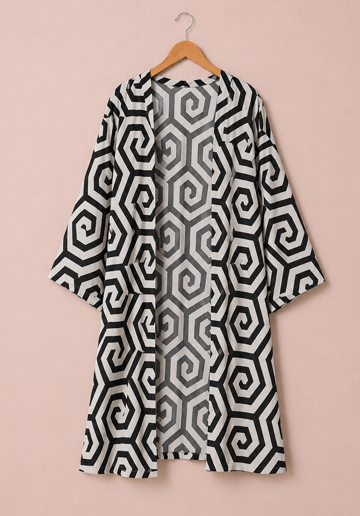 Kadın Yazlık Rahat Kesim Desenli Viskon Kumaş Kimono - Geometrik Siyah