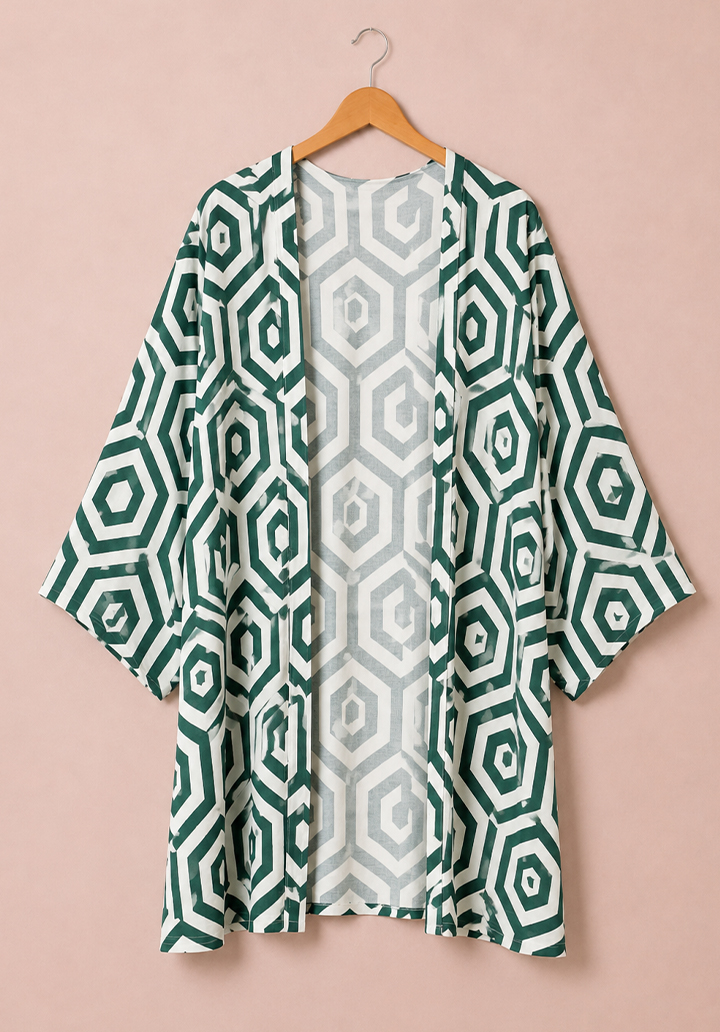 Kadın Yazlık Rahat Kesim Desenli Viskon Kumaş Kimono - Geometrik Yeşil
