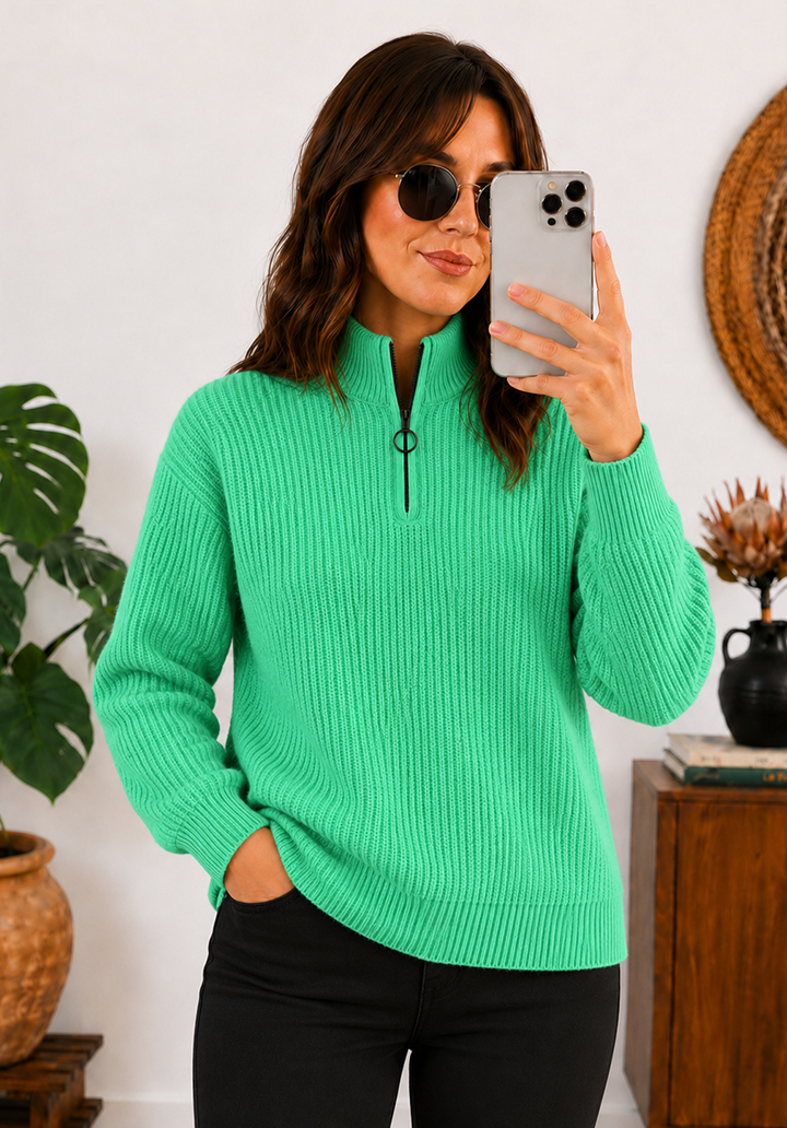 Kadın Yarım Fermuarlı Dik Yaka Fitilli Oversize Triko Kazak - Mint Yeşili
