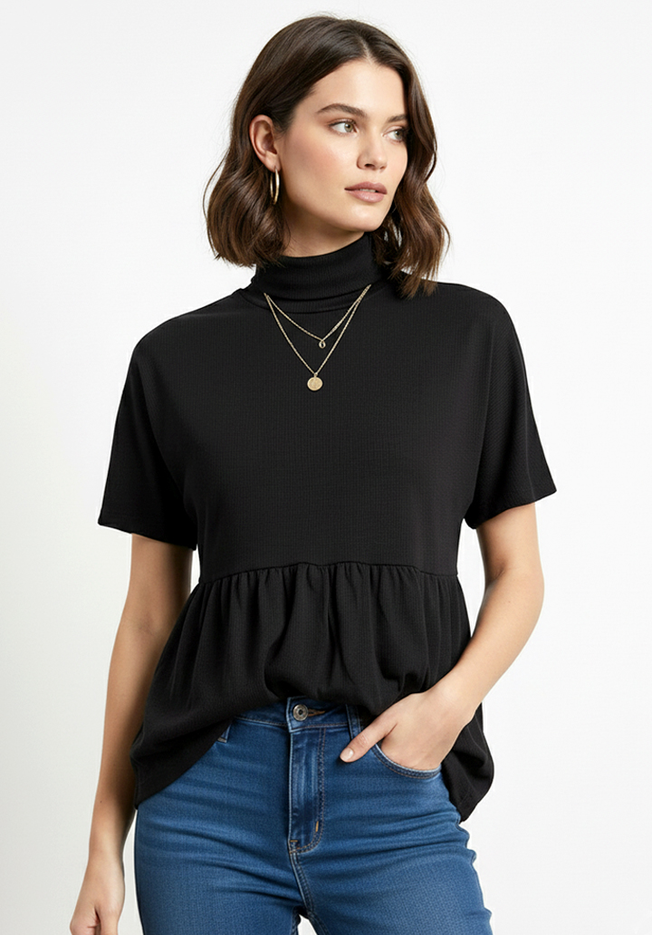 Balıkçı Yaka Kısa Kol Fırfırlı Peplum Kesim Triko T-Shirt Kazak