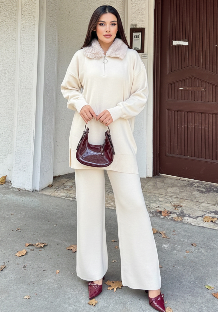 Kürk Yakalı Triko Tunik Pantolon Oversize Alt Üst Takım