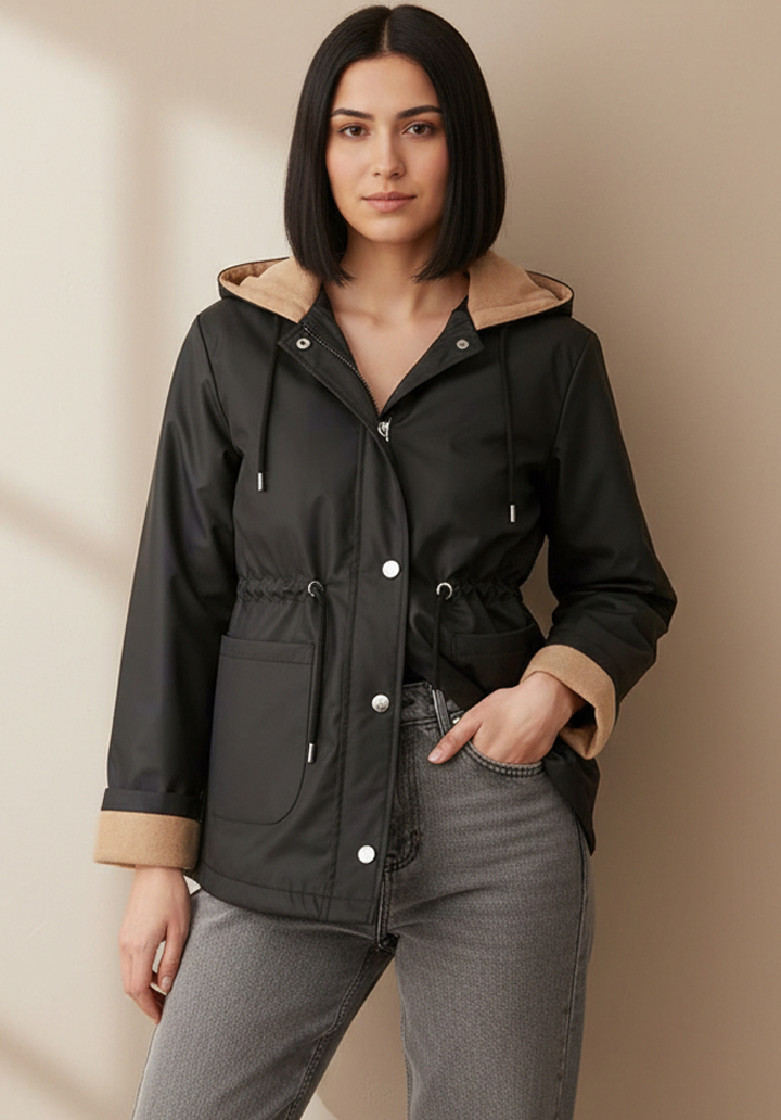 Siyah Kapüşonlu Su Geçirmez İçi Kaşe Astarlı Yağmurluk Ceket